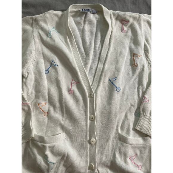 Vtg. Leon Levin Cream Cardigan with Golf Flag Embroidery SZ L - Picture 3 of 9